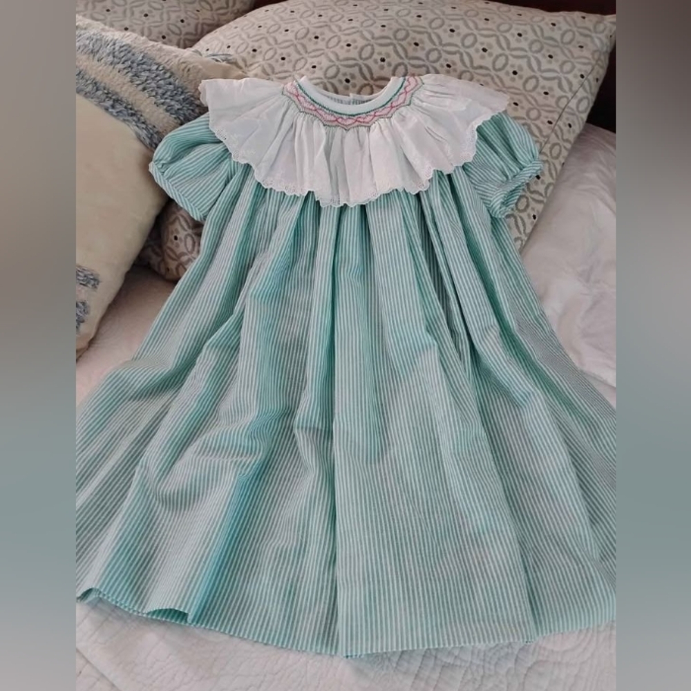 Charming Striped Green Smocked Heirloom Dress